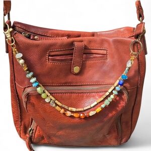 Marta PONTI Leather Crossbody Messenger Bag W/ Gemstone Beaded Chain Strap